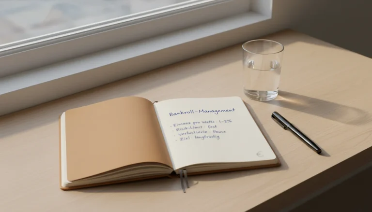 Bankroll Management Sportwetten – Notizbuch mit Einsatzplanung auf dem Schreibtisch