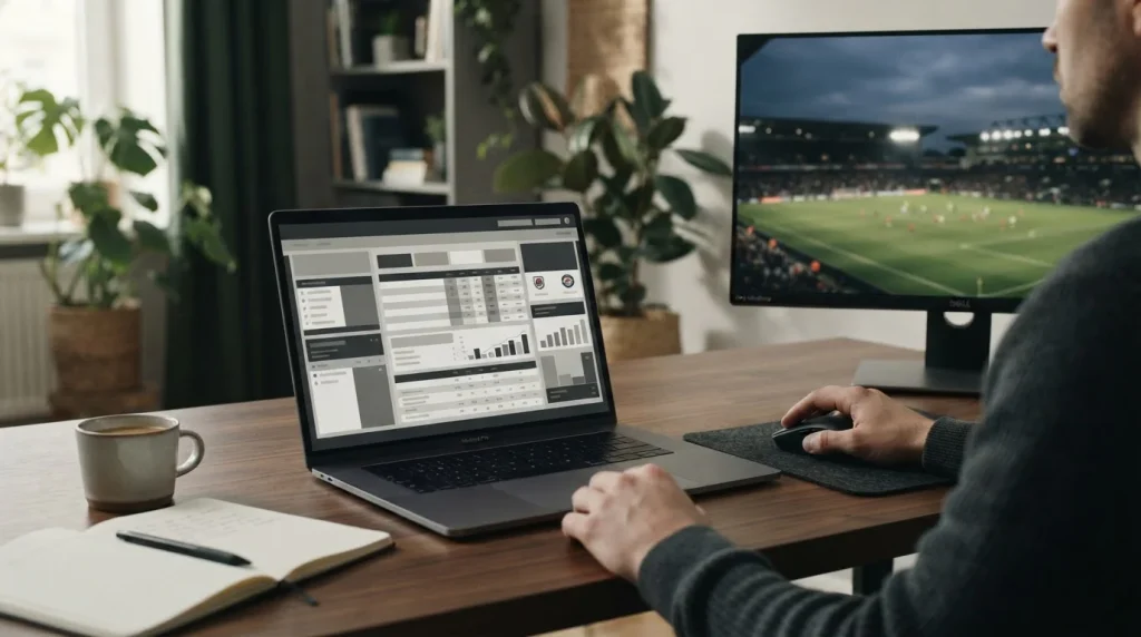 Fußballstadion und digitale Wettplattform im neutralen redaktionellen Stil