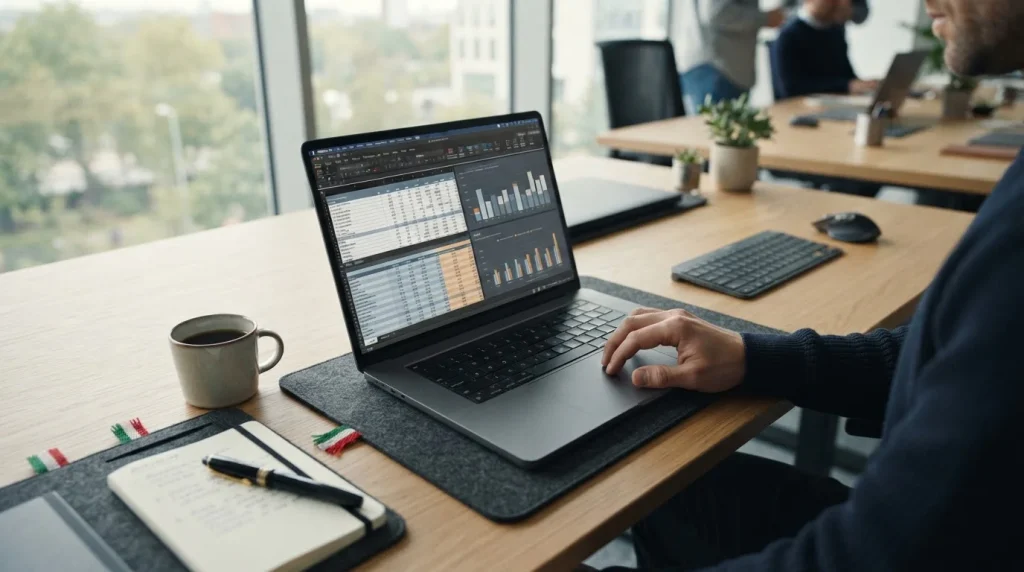 Laptop mit Vergleichstabellen zu Serie A Wettanbietern auf einem Schreibtisch