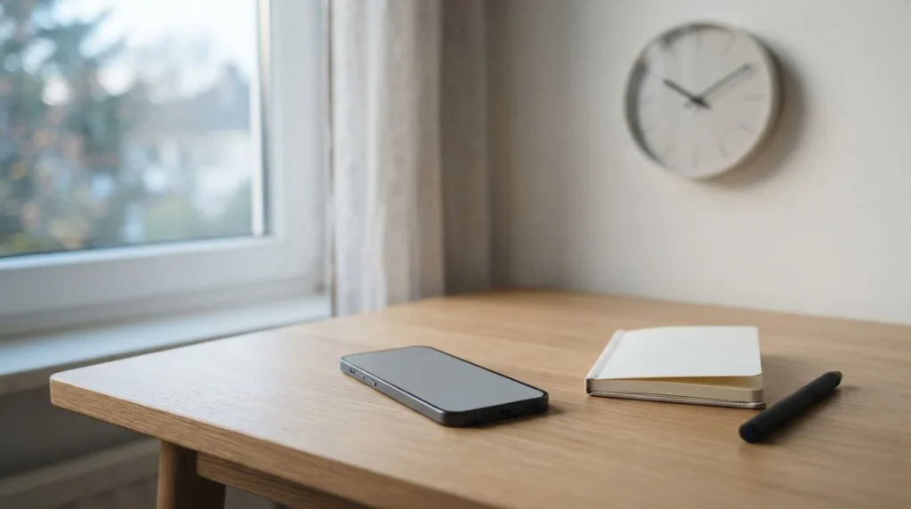 Schreibtisch mit Smartphone und Uhr als Sinnbild für schnelle Auszahlungen bei Wettanbietern