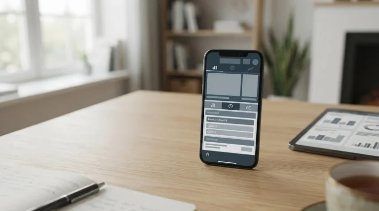 Smartphone mit Sportwetten-App auf neutralem Schreibtisch, seriöse Analyse-Atmosphäre