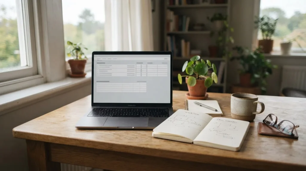 Schreibtisch mit Laptop und Notizen zu Wettanbietern mit Banküberweisung