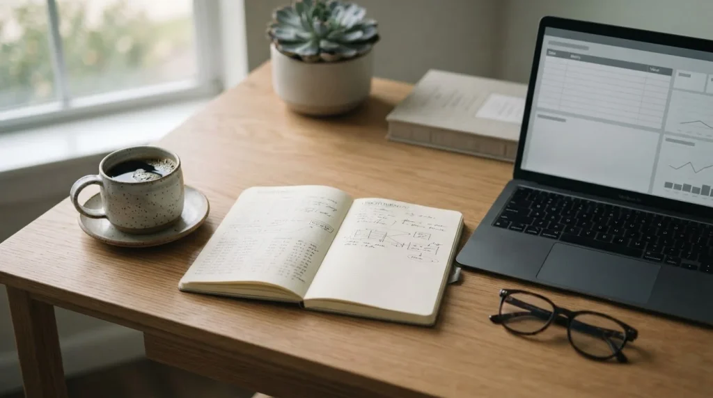 Schreibtisch mit Notizen und Laptop zur Analyse steuerfreier Wettanbieter