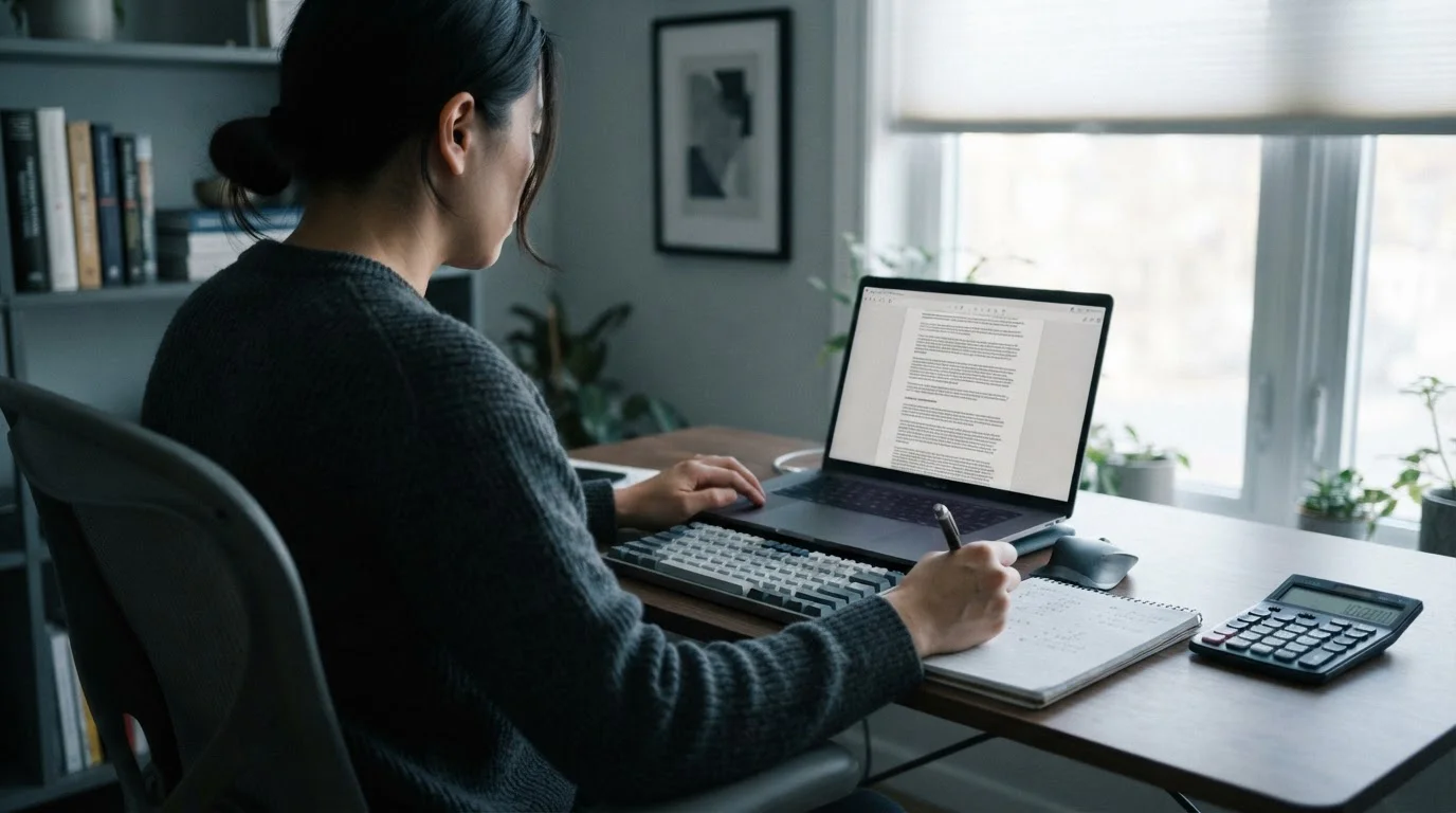 Person liest Bonusbedingungen auf Laptop-Bildschirm mit Taschenrechner daneben