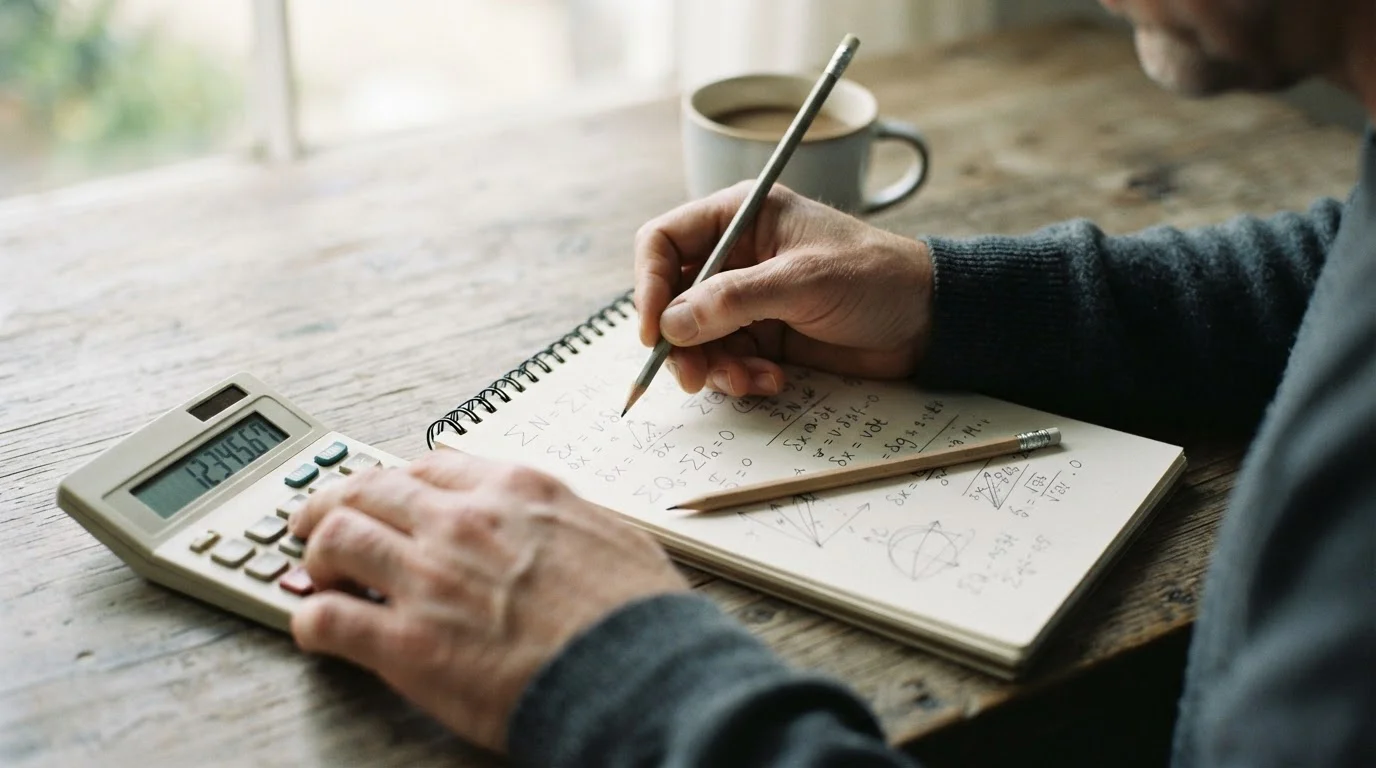 Hände am Taschenrechner mit handschriftlicher Berechnung eines Bonus