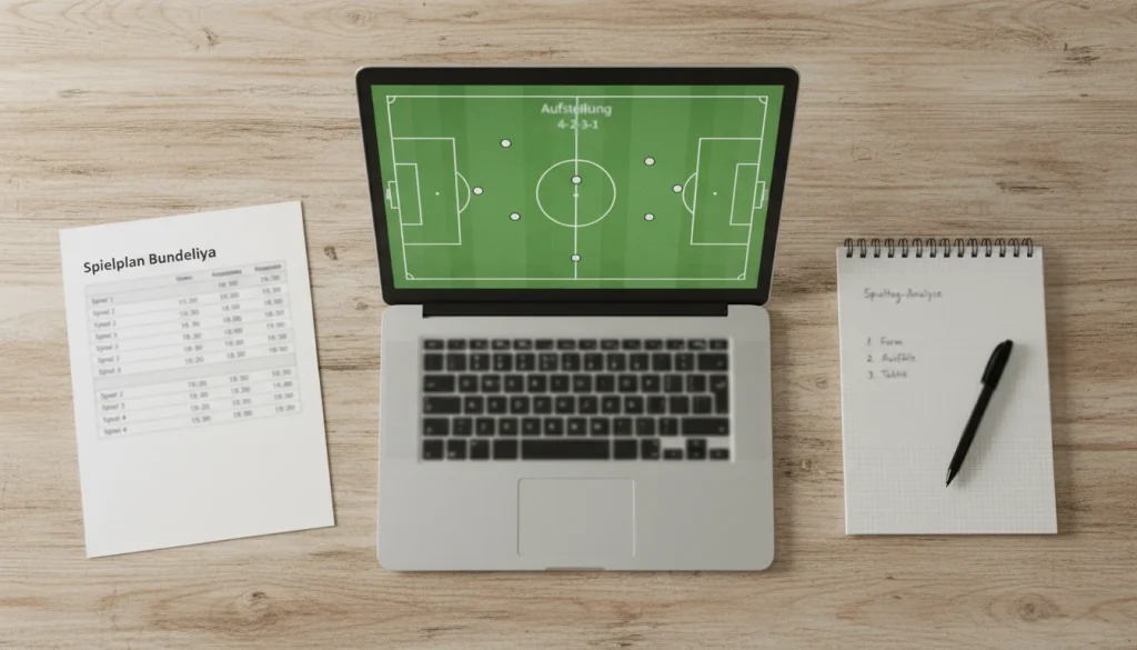 Bundesliga Spieltag-Analyse – Vorbereitung mit Laptop und Spieltagsplan