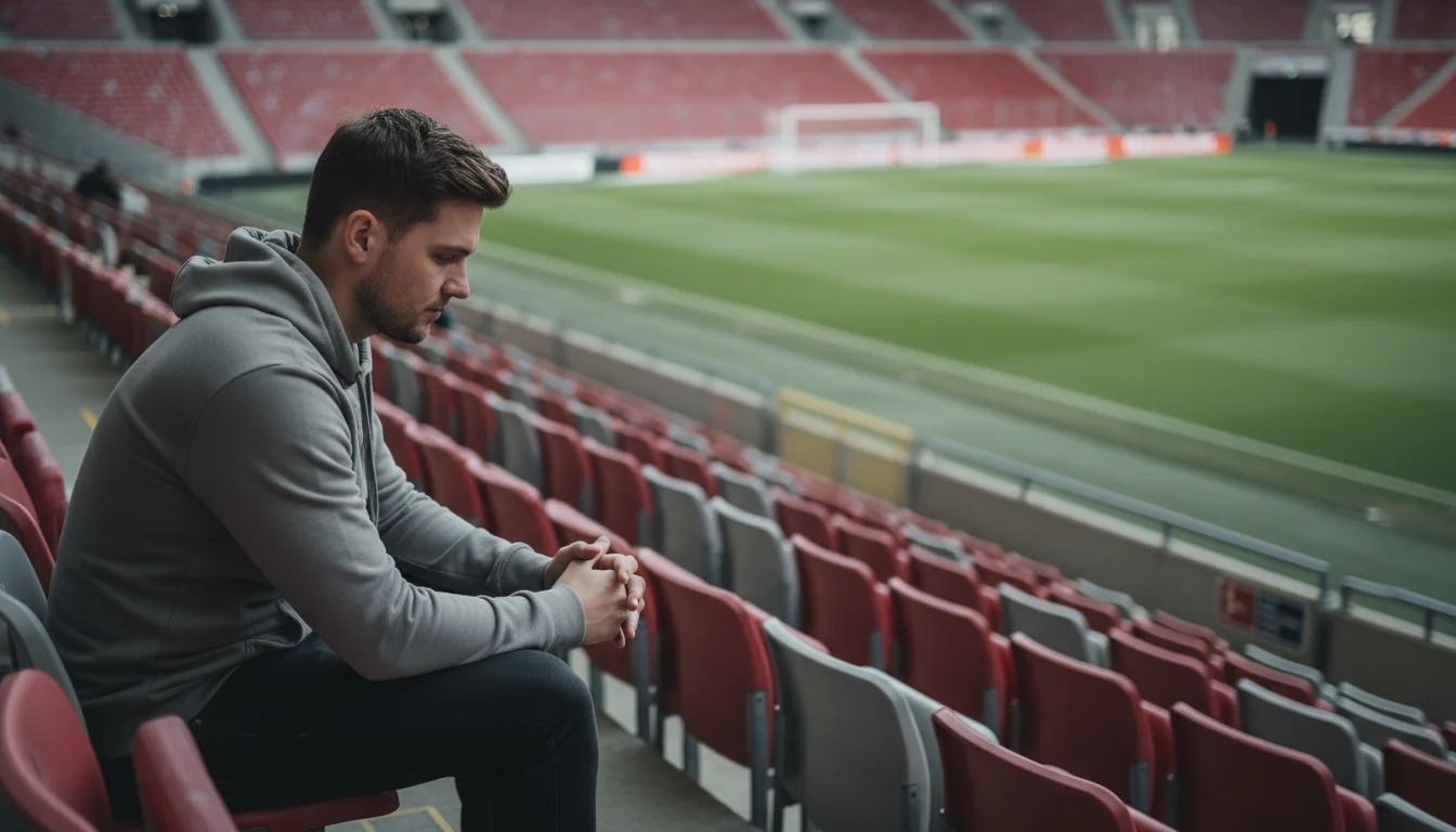 Bundesliga Wetten Fehler vermeiden – Nachdenklicher Fan vor dem Spieltag