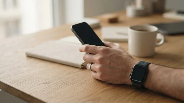Hand mit Smartphone und Smartwatch am ruhigen Schreibtisch, Symbol für schnelle mobile Zahlung