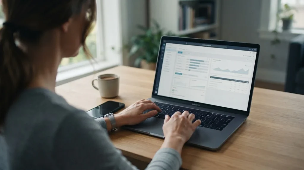 Person nutzt digitale Zahlungsmethode für Online-Sportwetten am Laptop