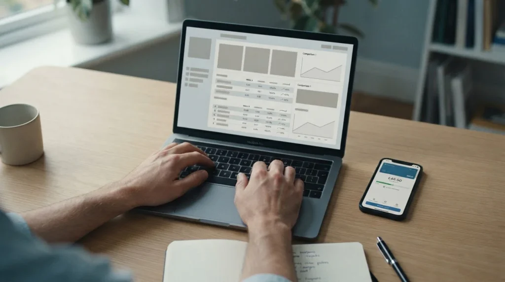 Person analysiert Wettanbieter mit MuchBetter-Zahlungsoption auf einem Laptop in ruhiger Arbeitsumgebung