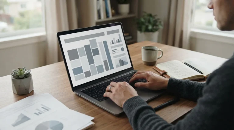 Analytischer Arbeitsplatz mit Laptop und Dokumenten zur Recherche über Wettanbieter ohne deutsche Lizenz