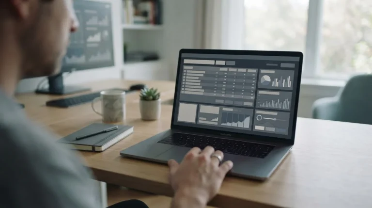 Laptop mit neutraler Wettplattform-Oberfläche auf modernem Schreibtisch, analytische Übersicht