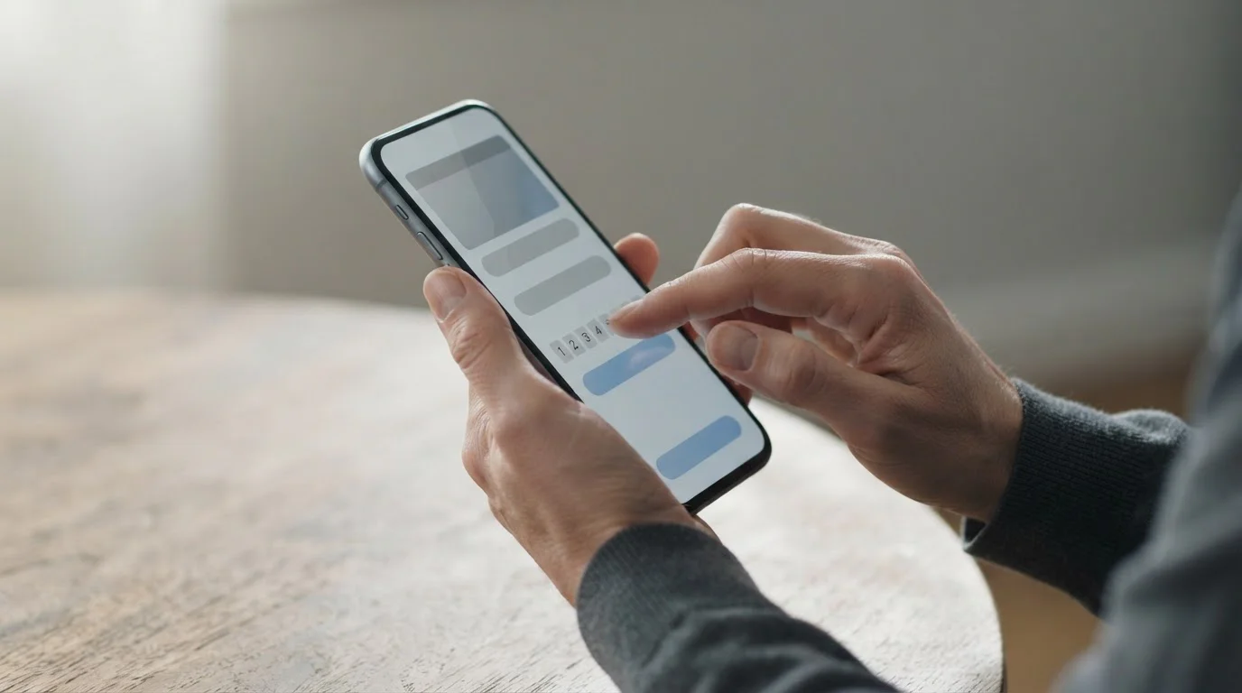 Hände geben PIN-Code auf Smartphone ein für digitale Zahlung bei Wettanbieter
