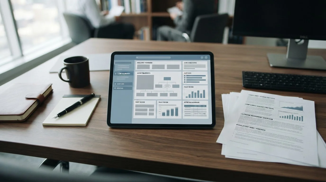Dokumente und Tablet mit Informationen zur deutschen Glücksspielregulierung und Lizenzierung