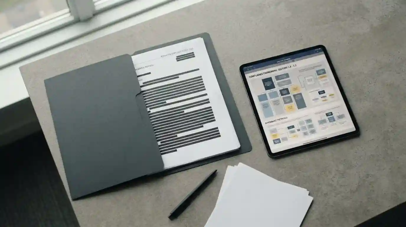 Offizielle Dokumente und Tablet mit Regulierungsinformationen auf einem Tisch