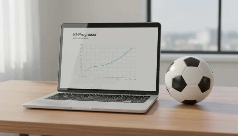 KI Prognosen Bundesliga – Laptop mit Datenanalyse neben Fußball