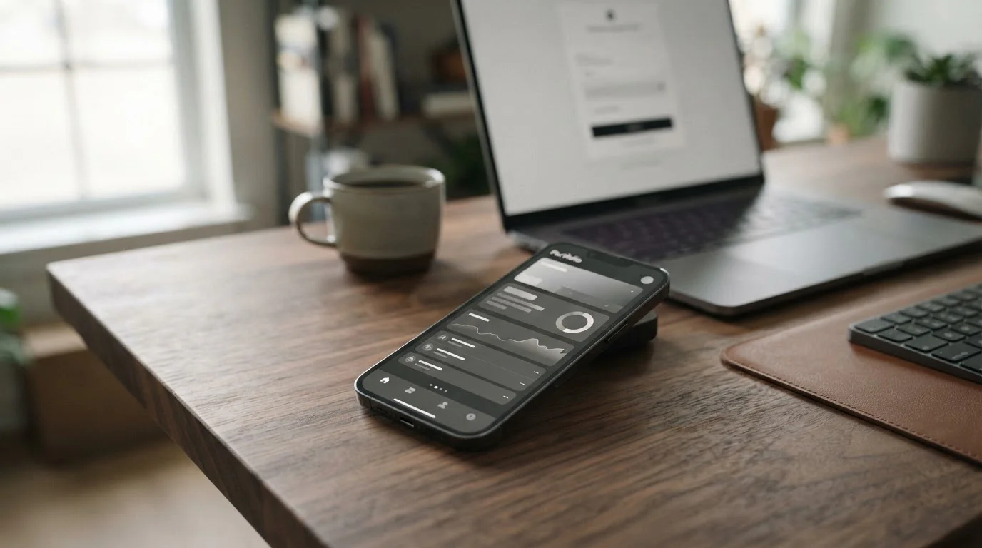 Smartphone mit abstrakter Krypto-Wallet-Oberfläche neben Laptop
