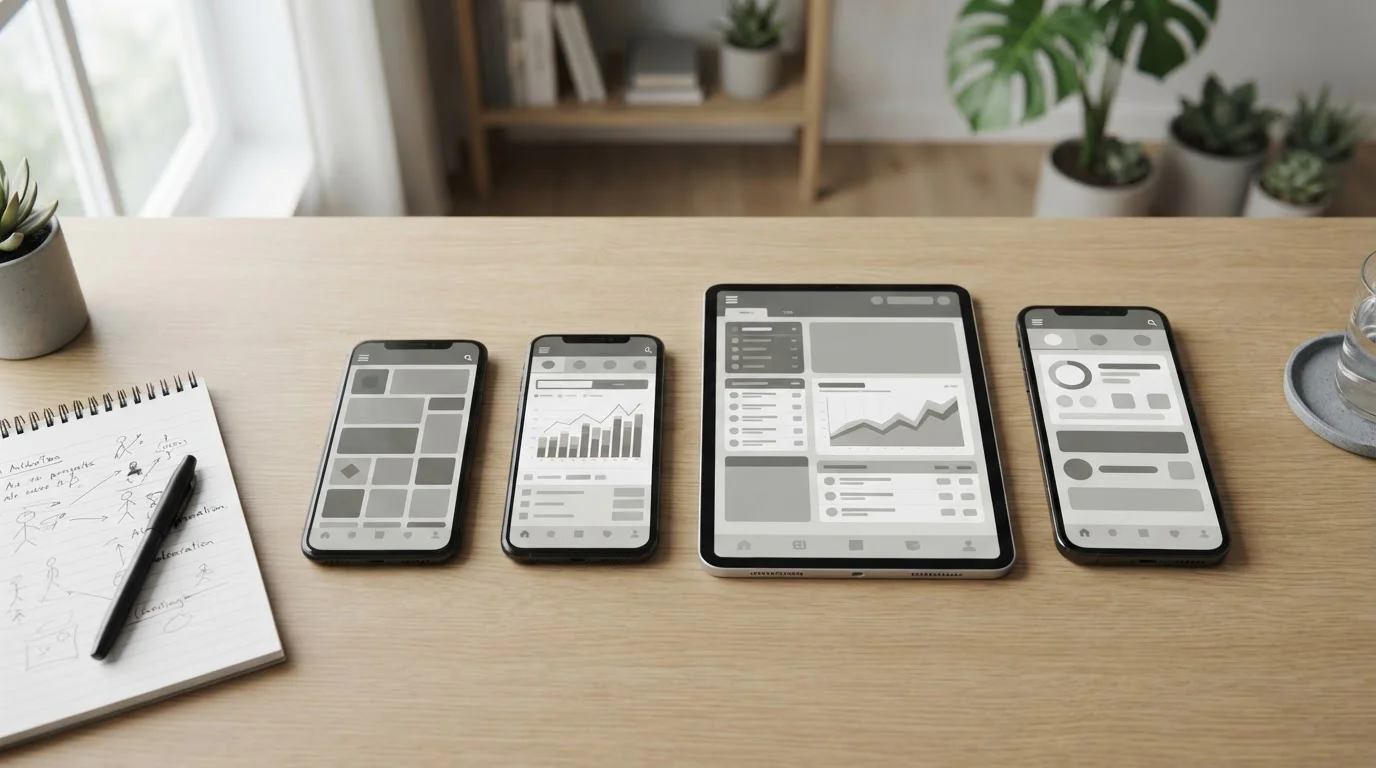 Mehrere Smartphones und Tablet mit verschiedenen App-Interfaces im Vergleich