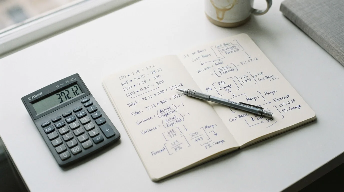 Taschenrechner und Notizen mit mathematischen Berechnungen zu Wettquoten und Margen