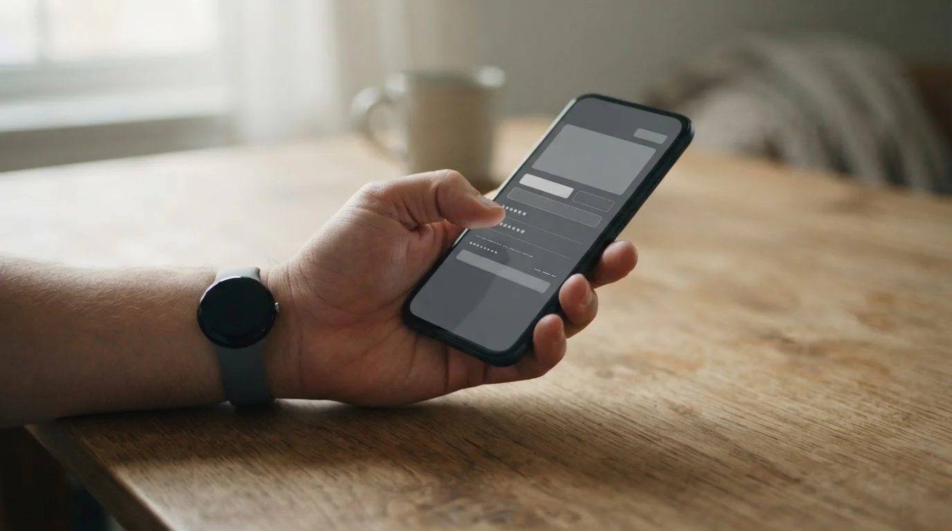 Hand hält Smartphone mit neutraler Zahlungsoberfläche über Schreibtisch