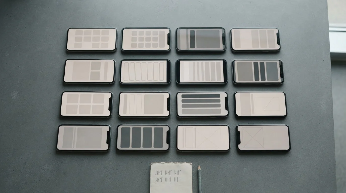 Mehrere Smartphones nebeneinander auf grauem Tisch im Testaufbau