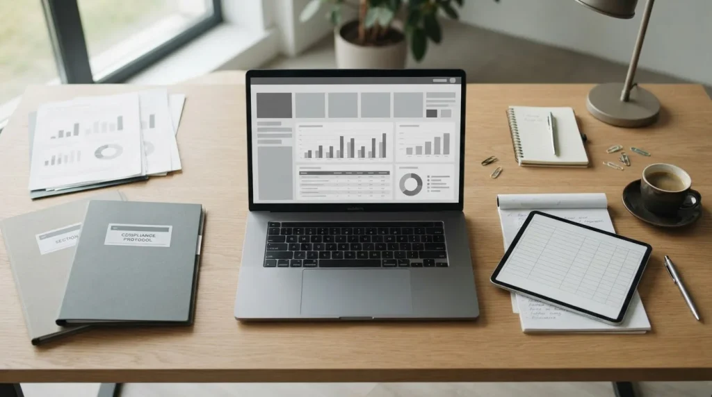 Arbeitsplatz mit Laptop und Unterlagen zur Analyse neuer Buchmacher in Deutschland