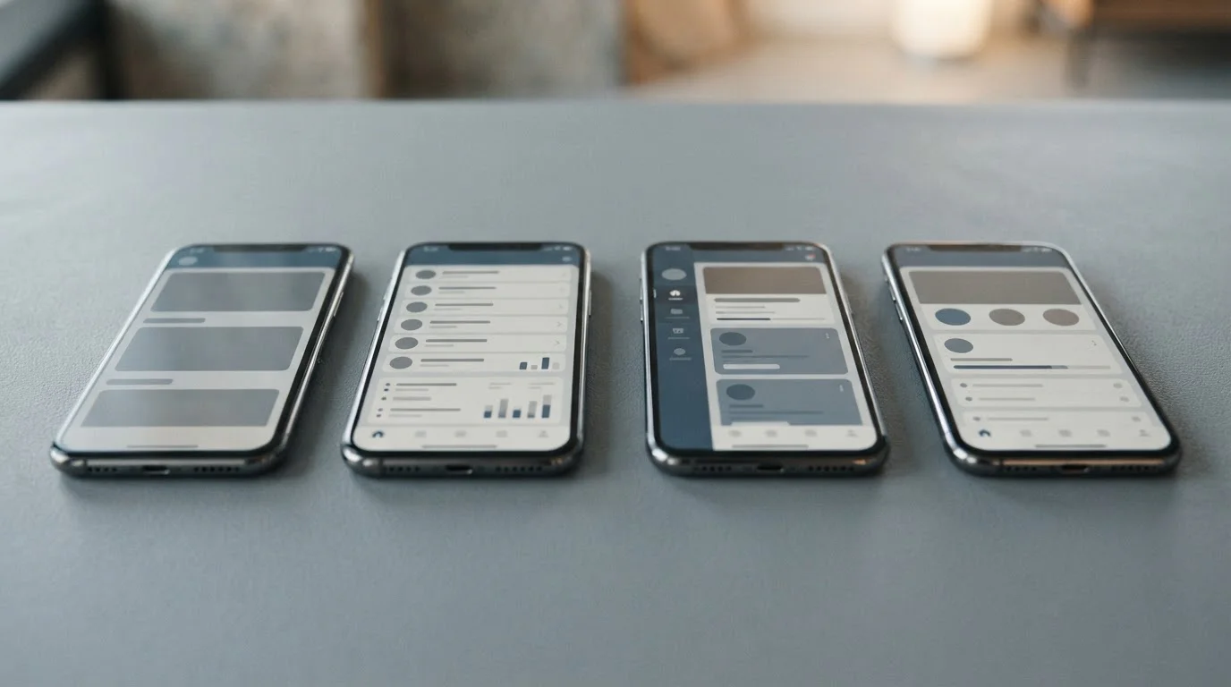 Mehrere Smartphones nebeneinander mit abstrakten Wett-App-Oberflächen im Vergleich