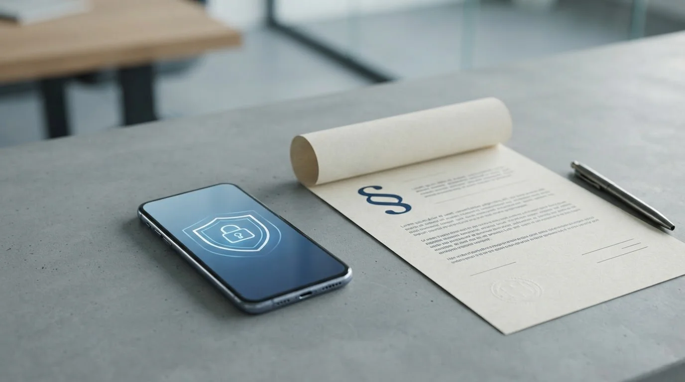 Smartphone mit Sicherheitssymbol neben Dokument mit Paragrafenzeichen