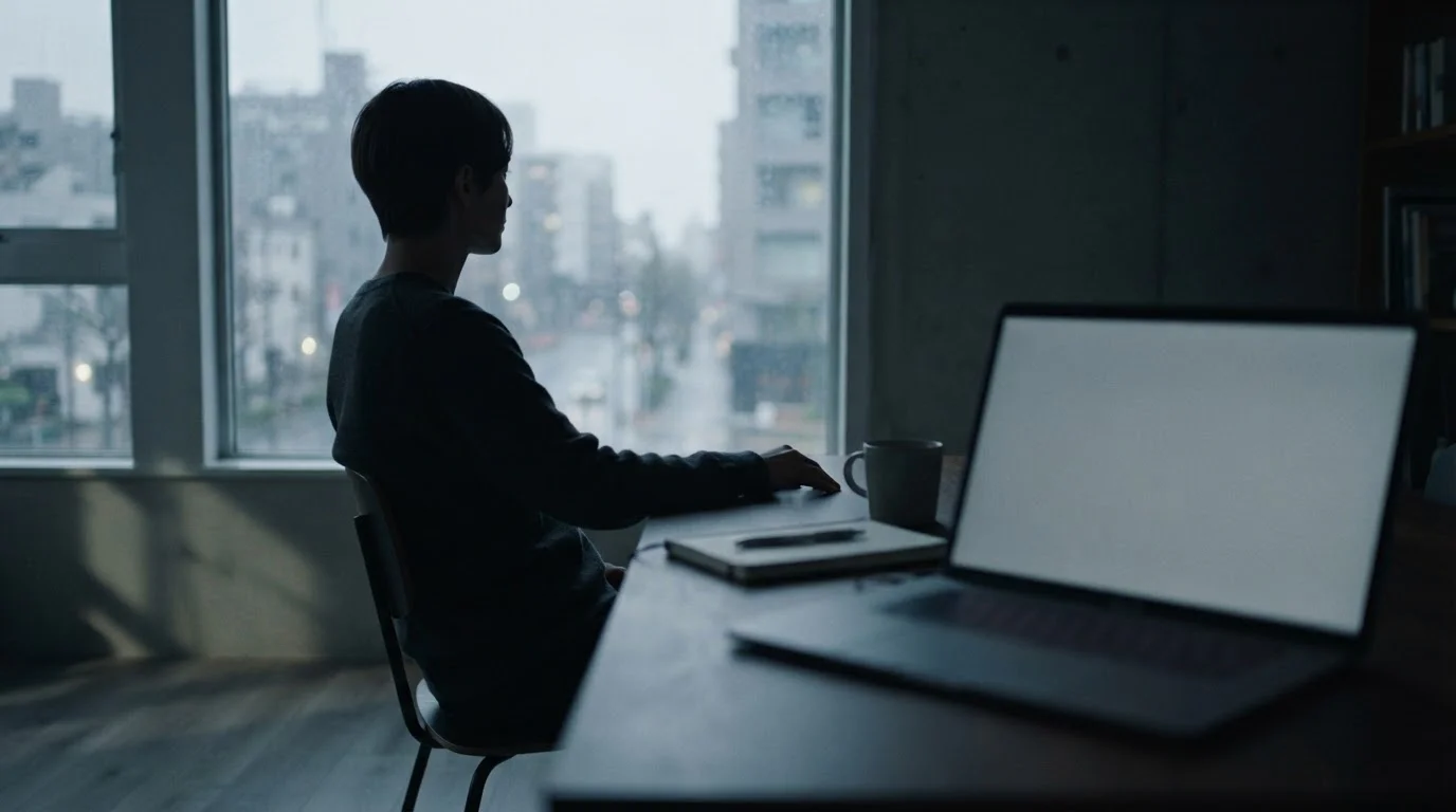 Silhouette einer Person am Fenster vor einem verschwommenen Bildschirm