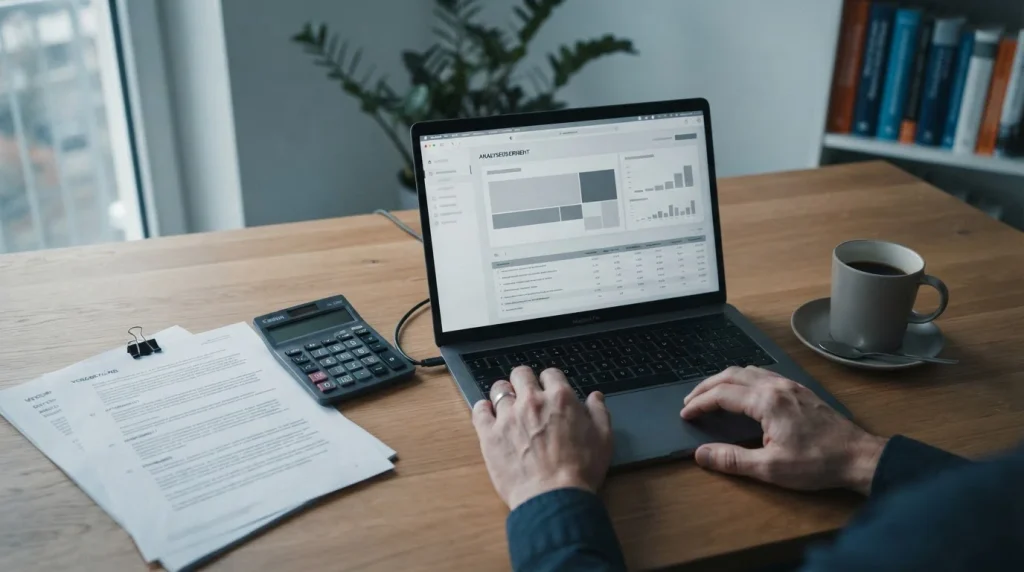 Arbeitsplatz mit Laptop und Analysedokumenten zum deutschen Sportwettenmarkt 2026