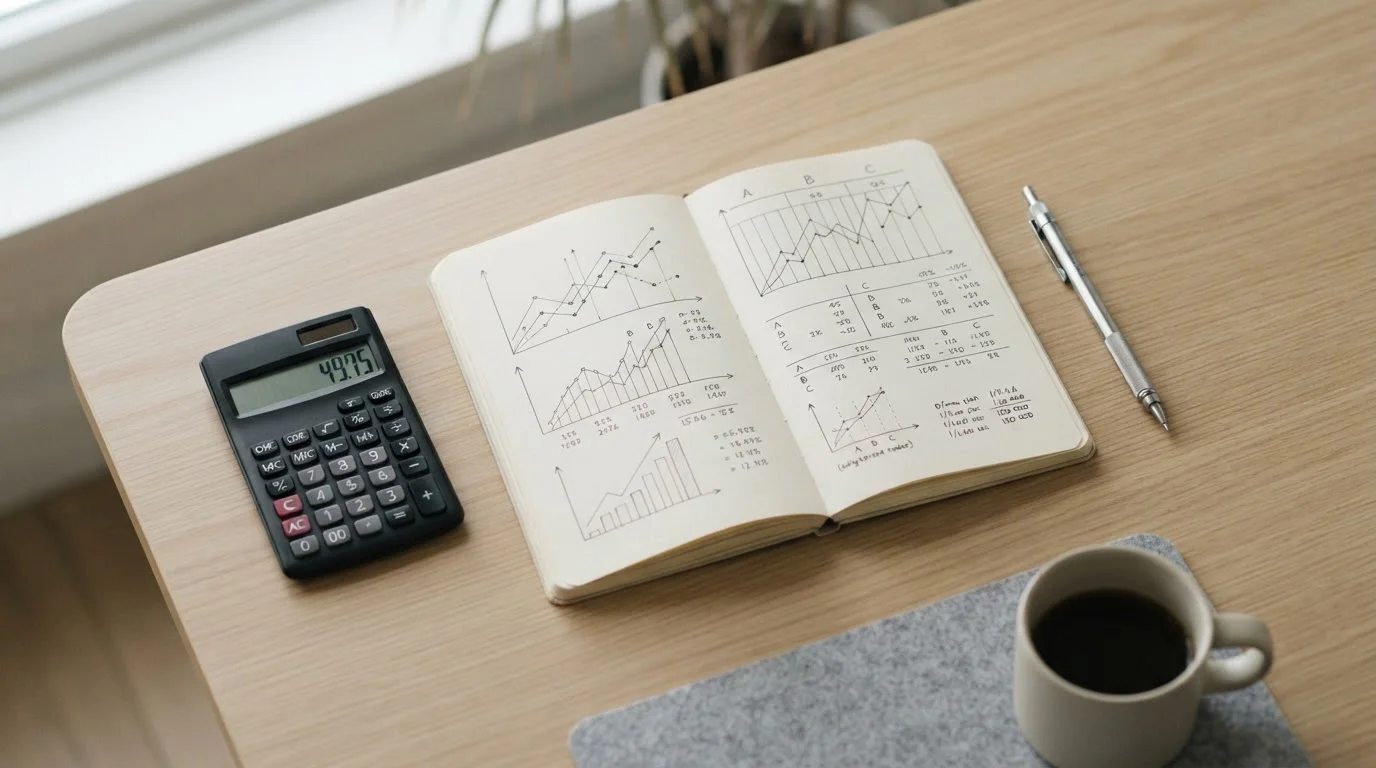 Taschenrechner und Notizen zur Quotenanalyse auf Schreibtisch