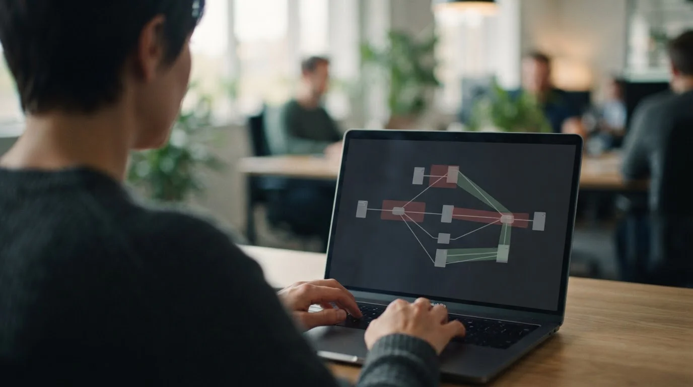 Laptop-Bildschirm mit abstrakter Darstellung von Geo-Blockaden und rechtlichen Einschränkungen