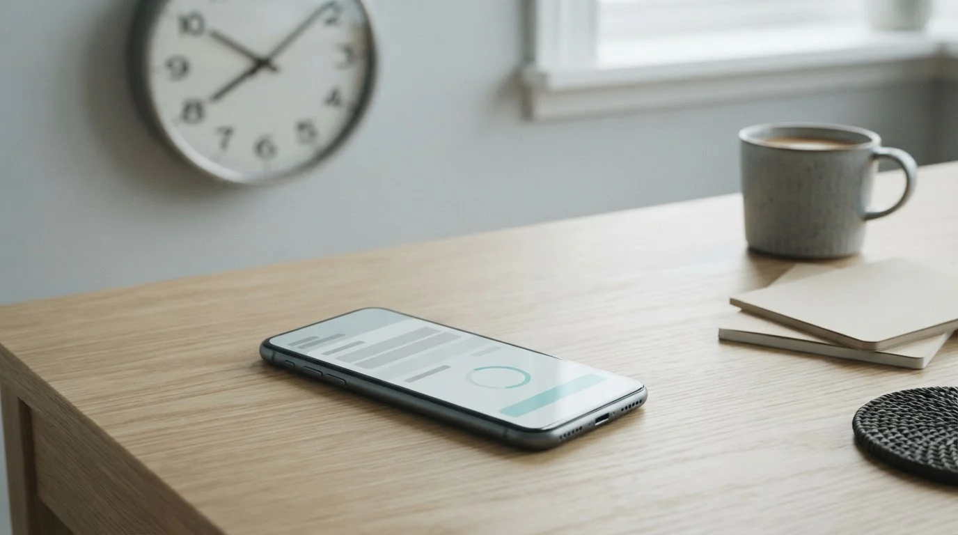 Smartphone auf Schreibtisch mit neutraler Banking-Oberfläche und Wanduhr