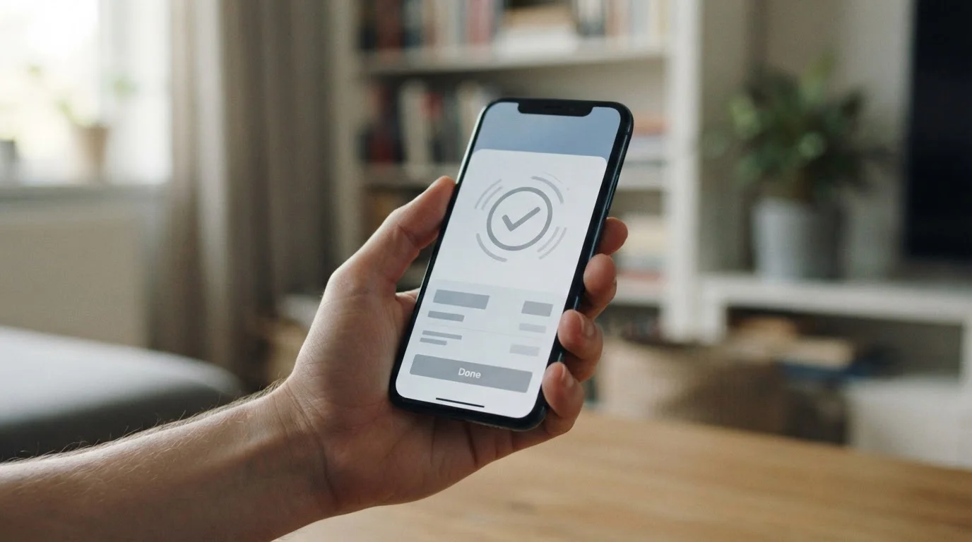Smartphone mit abstraktem Zahlungsvorgang und Transaktionsbestätigung