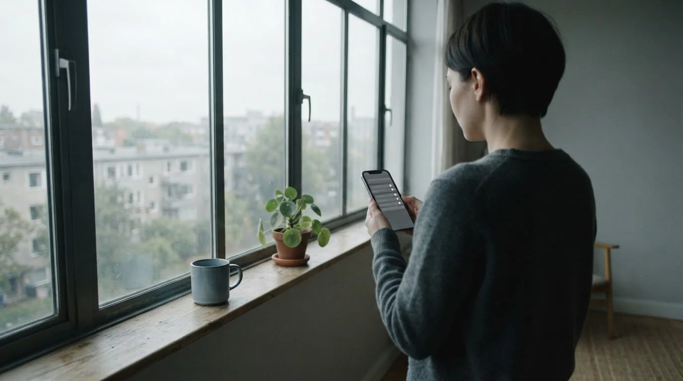 Silhouette einer Person am Fenster mit Smartphone in ruhiger Umgebung