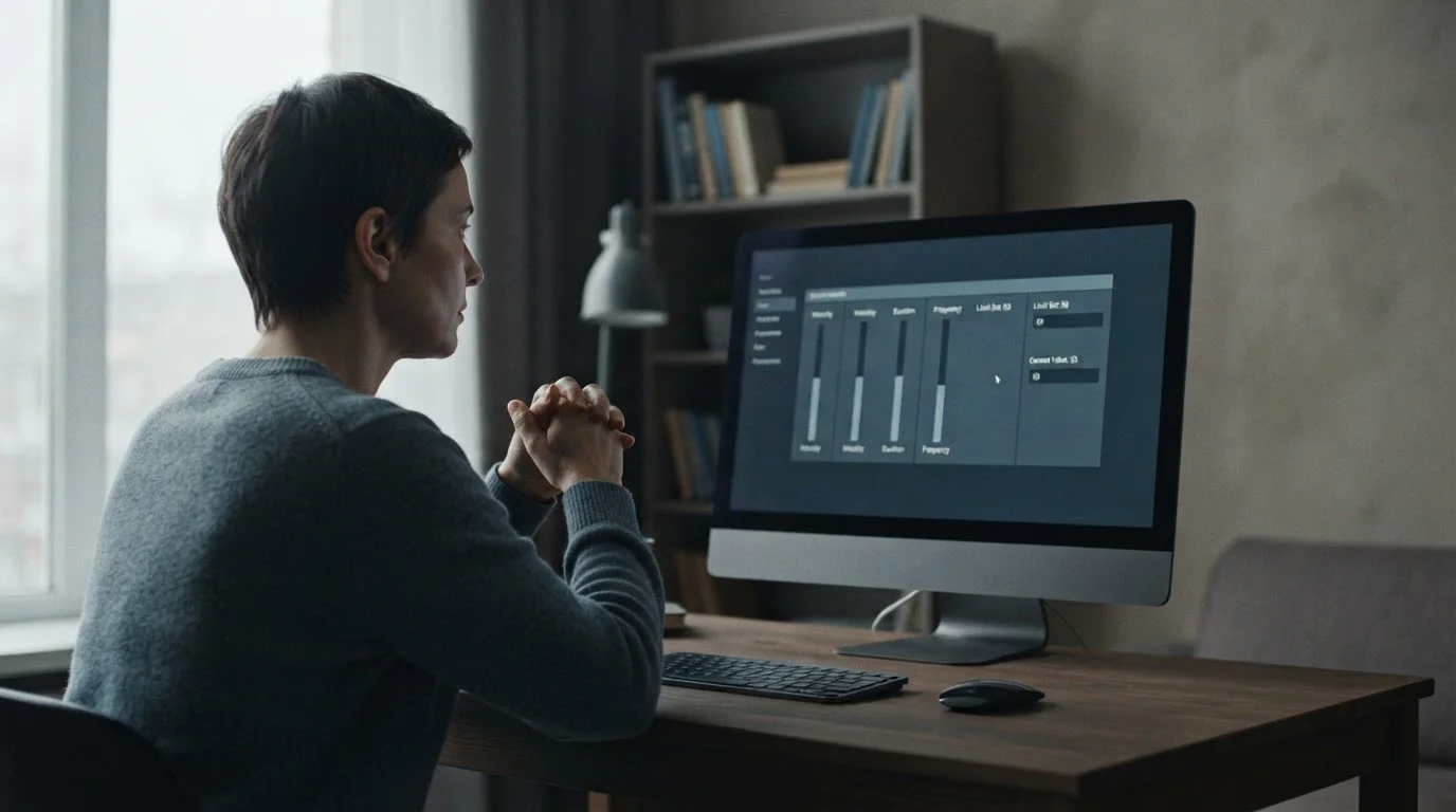 Person setzt Limits und überprüft Ausgaben auf Desktop-Bildschirm in ruhiger Atmosphäre