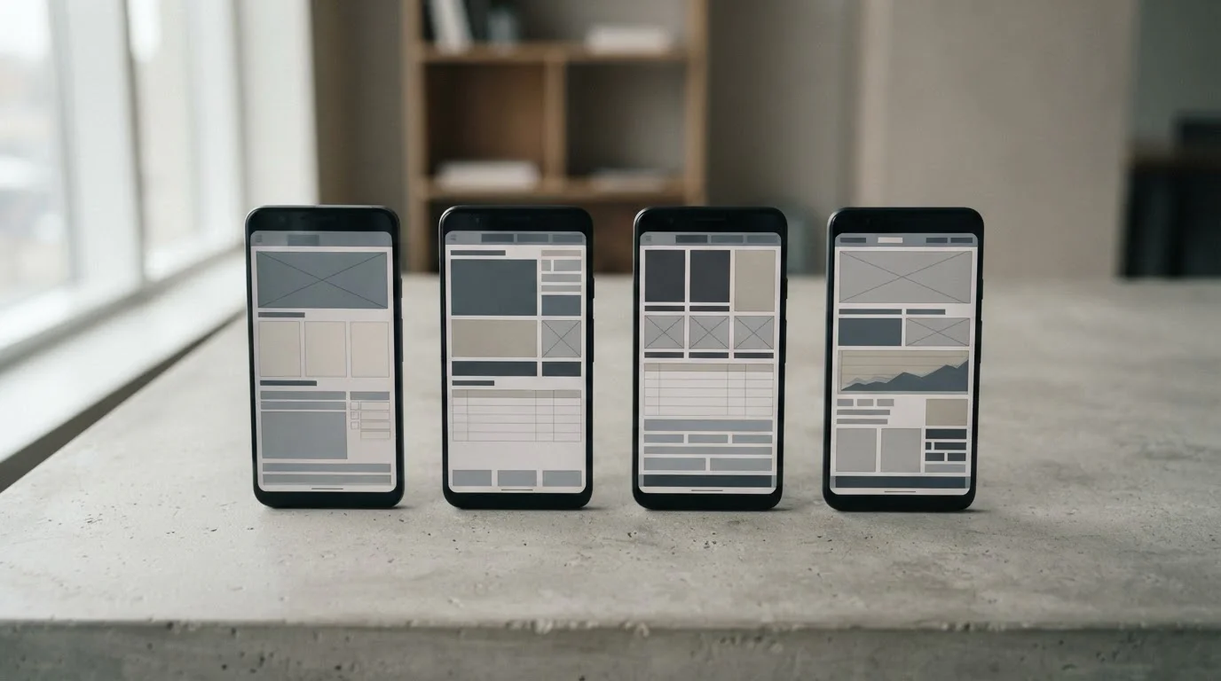 Mehrere Android-Smartphones nebeneinander mit abstrakten App-Oberflächen im direkten Vergleich