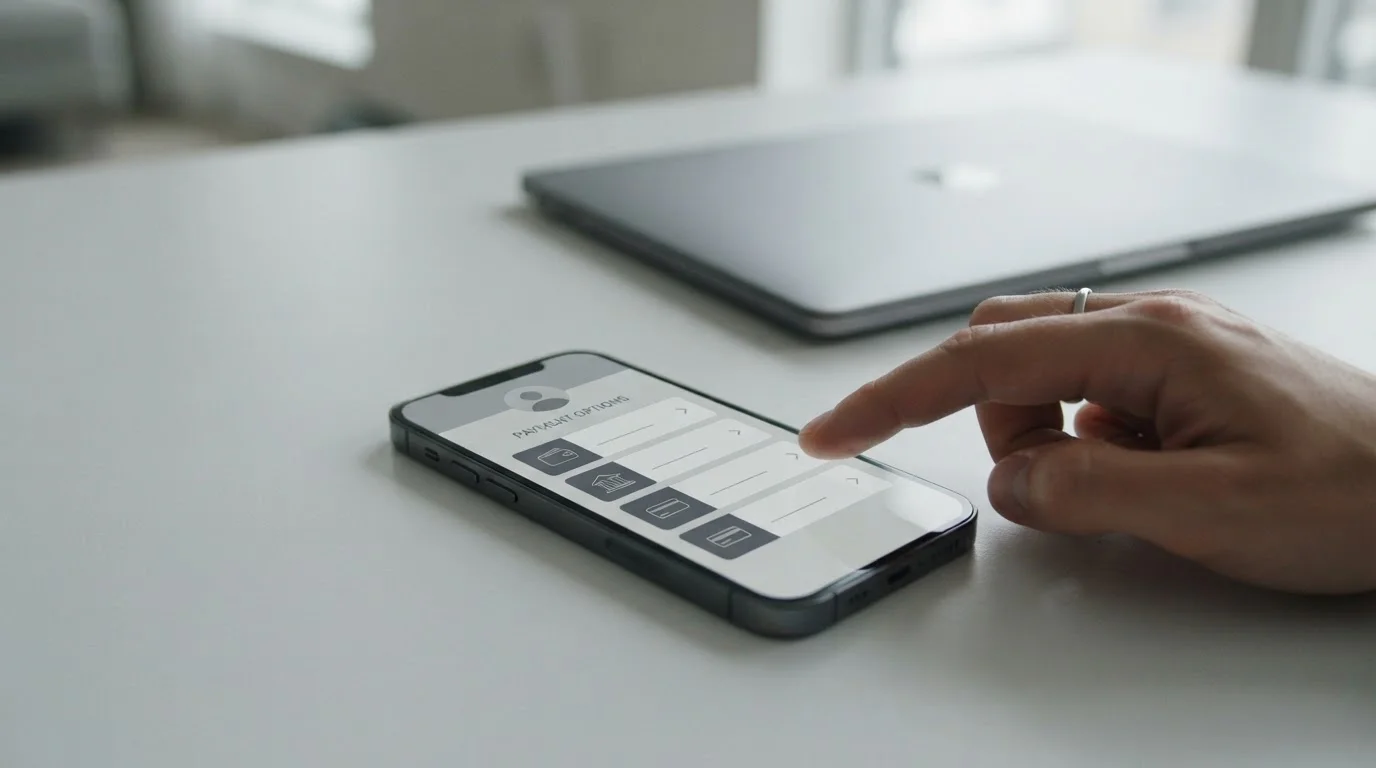 Smartphone mit verschiedenen Zahlungsoptionen in einer Buchmacher-App
